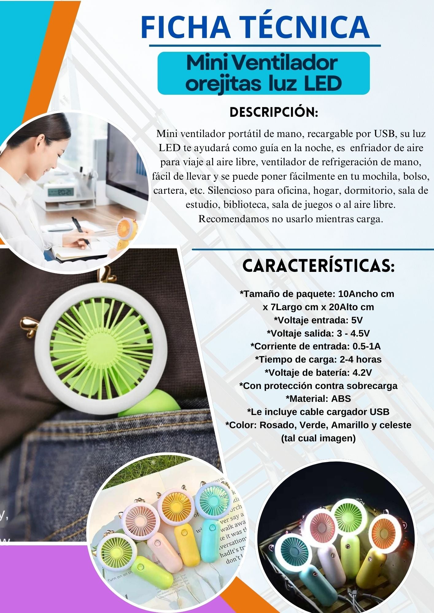 Mini ventilador orejitas con luz LED
